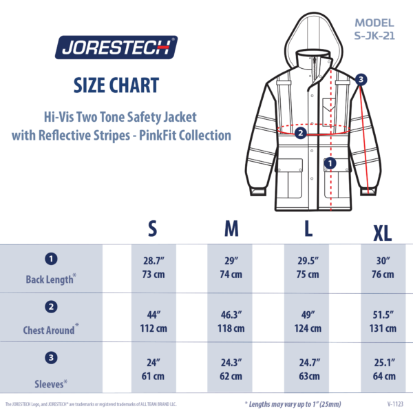 Tabla de tallas de la chaqueta de seguridad de dos tonos de alta visibilidad JORESTECH® con cintas reflectantes y contraste rosa