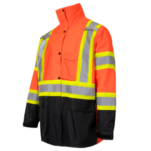 Chaqueta impermeable de alta visibilidad de dos tonos con franjas reflectantes en X y franjas contrastantes en la espalda