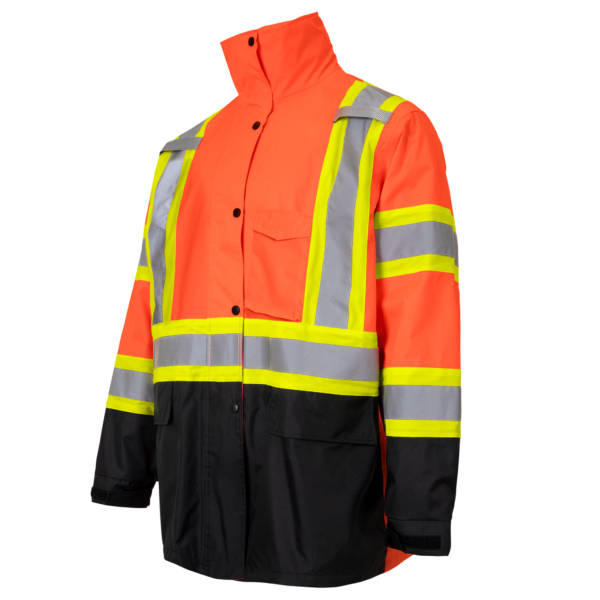 Chaqueta impermeable de alta visibilidad de dos tonos con franjas reflectantes en X y franjas contrastantes en la espalda