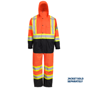 Conjunto impermeable de alta visibilidad con bandas reflectantes y una X en la espalda. Los pantalones de seguridad se venden por separado.