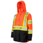 Chaqueta impermeable de seguridad de alta visibilidad de dos tonos con franjas reflectantes en X y capucha