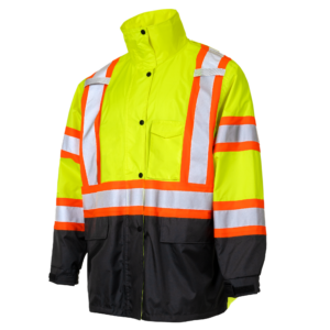 Chaqueta impermeable de seguridad de alta visibilidad bicolor con bandas reflectantes en forma de X y franjas contrastantes en la espalda