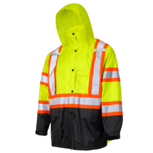 Chaqueta impermeable de seguridad de alta visibilidad de dos tonos con franjas reflectantes en X y capucha
