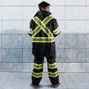 Conjunto de chaqueta y pantalón impermeables de alta visibilidad en dos tonos con X en la espalda - Image 9