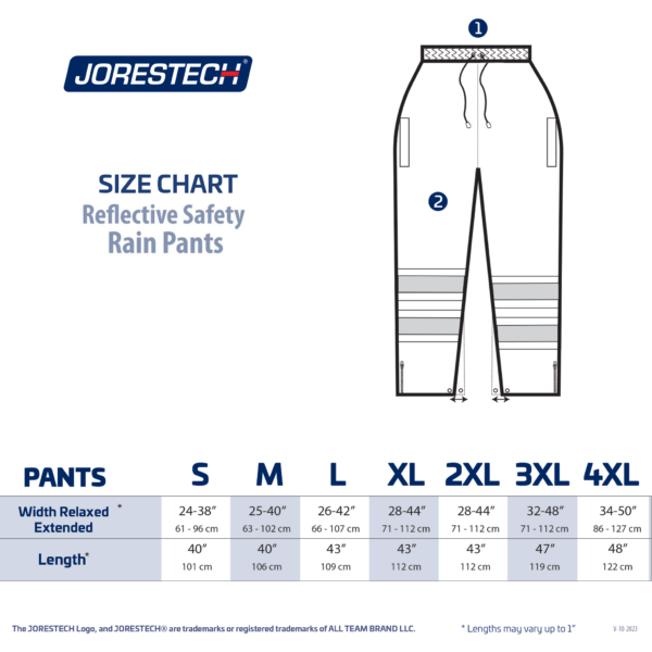 Tabla de tallas de los pantalones impermeables de seguridad de dos tonos de alta visibilidad con bandas reflectantes