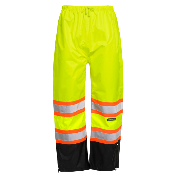 Pantalones de lluvia de seguridad bicolor amarillos de alta visibilidad con franjas reflectantes y contrastantes