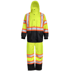 Pantalones impermeables de seguridad de alta visibilidad en dos tonos con bandas reflectantes en X en la parte trasera
