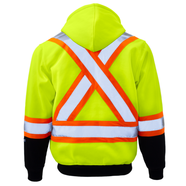 Sudadera con capucha de alta visibilidad color lima con X reflectante en la espalda