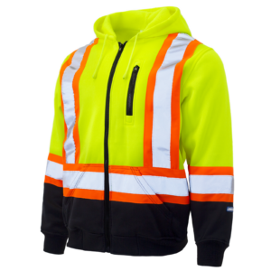 Sudadera con capucha de alta visibilidad en dos tonos amarillo y negro con franjas reflectantes ANSI clase 3 tipo R