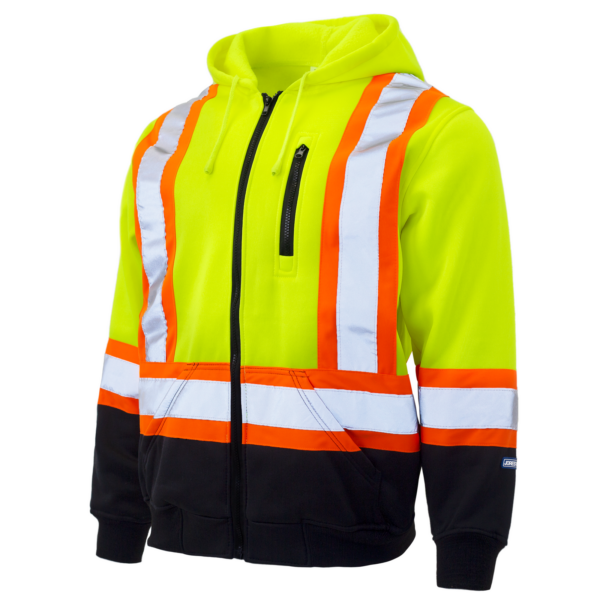 Sudadera con capucha de alta visibilidad en dos tonos amarillo y negro con franjas reflectantes ANSI clase 3 tipo R