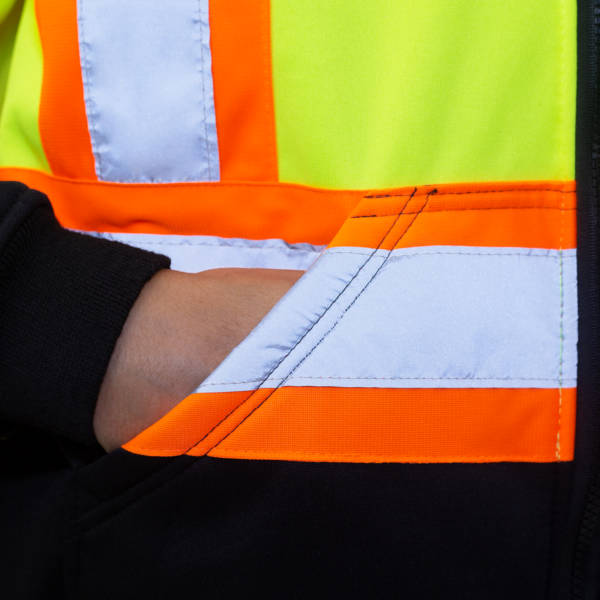 Suéter polar de seguridad amarillo de alta visibilidad conforme a ANSI y CSA con tejido en la parte inferior trasera que disimula la suciedad y bolsillos