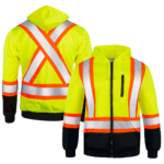 Vista frontal y trasera de la sudadera con capucha de alta visibilidad amarilla de seguridad con franjas reflectantes