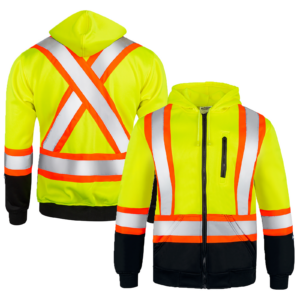 Vista frontal y trasera de la sudadera con capucha de alta visibilidad amarilla de seguridad con franjas reflectantes