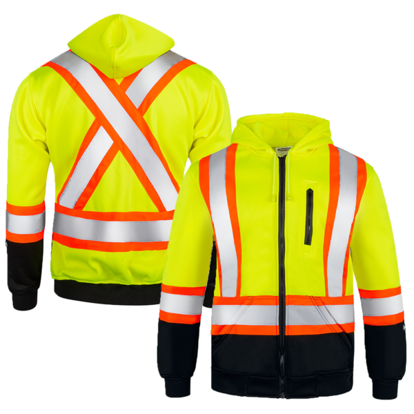 Vista frontal y trasera de la sudadera con capucha de alta visibilidad amarilla de seguridad con franjas reflectantes