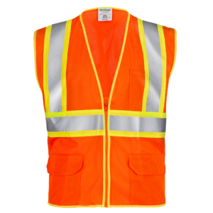 Vista frontal del chaleco de seguridad ANSI de malla bicolor naranja de alta visibilidad con bandas reflectantes de 2 pulgadas y bolsillos