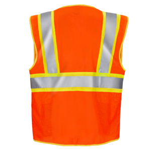 Vista trasera del chaleco de seguridad de malla bicolor naranja de alta visibilidad con banda reflectante de 2 pulgadas y bolsillos