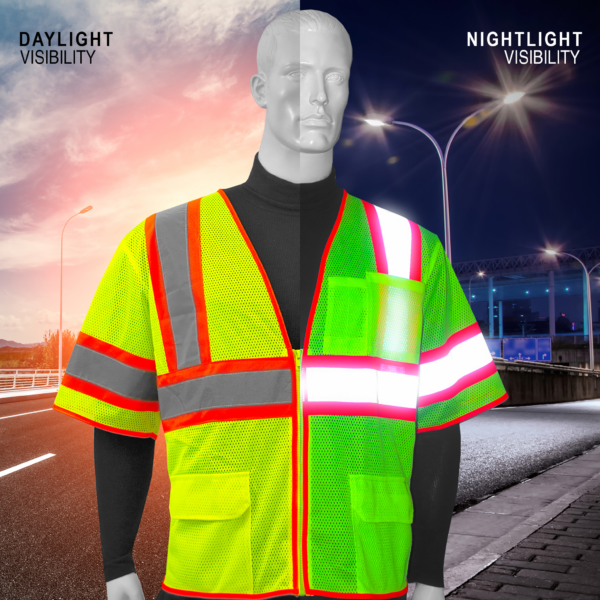 Maniquí con un chaleco de seguridad Jorestech color lima, comparando lo brillante que se ve durante el día y la noche