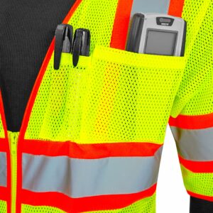 Primer plano del chaleco de seguridad de malla en color lima y naranja con 2 bolsillos en el pecho