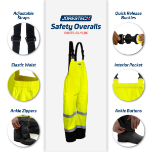 Pantalones de peto de seguridad de alta visibilidad con bandas reflectantes y tirantes ajustables.