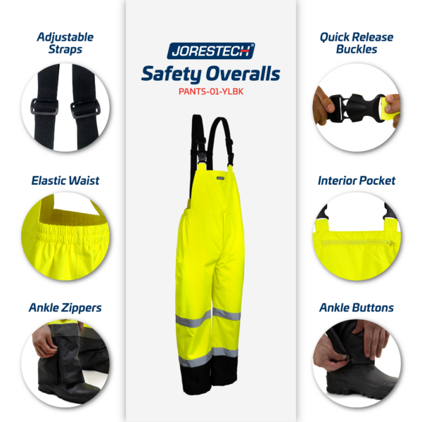 Pantalones de peto de seguridad de alta visibilidad con bandas reflectantes y tirantes ajustables.