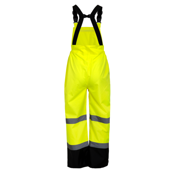 Pantalones de seguridad tipo peto amarillos con tirantes ajustables y franjas reflectantes clase E tipo 2
