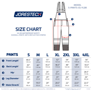 Tabla de tallas de pantalones de peto de seguridad impermeables de alta visibilidad con tiras reflectantes