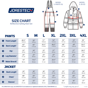 Tabla de tallas del conjunto impermeable de seguridad de alta visibilidad con pantalón tipo overol y chaqueta con 2 franjas reflectantes
