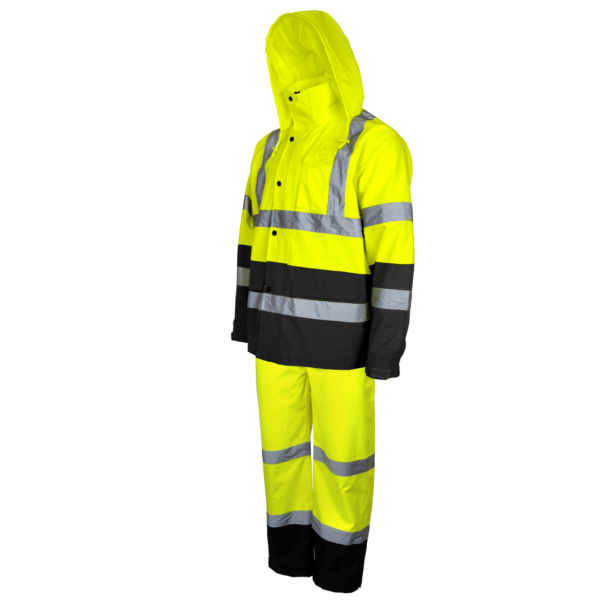Conjunto impermeable de seguridad de alta visibilidad con pantalón tipo overol y chaqueta con tiras reflectantes