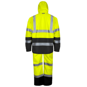 Conjunto impermeable de seguridad de alta visibilidad con pantalón tipo overol y chaqueta con tiras reflectantes