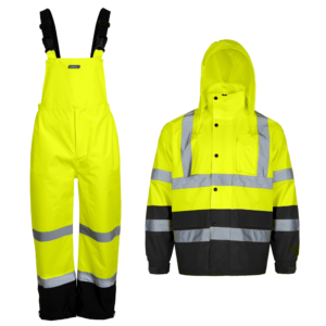 Conjunto impermeable de seguridad de alta visibilidad con pantalón peto y chaqueta con bandas reflectantes