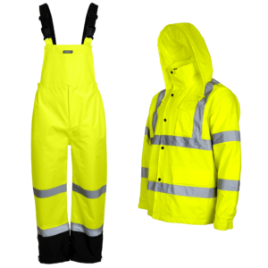 Conjunto impermeable de lluvia de alta visibilidad con pantalón tipo peto y tirantes ajustables, y chaqueta con bandas reflectantes