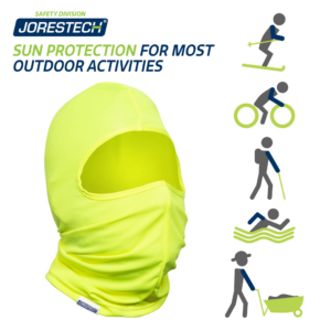 La imagen muestra una balaclava y varios iconos de actividades al aire libre como ciclismo, esquí, senderismo, natación y construcción bajo el sol. El banner dice: Protección solar para la mayoría de las actividades al aire libre. JORESTECH® Safety Division