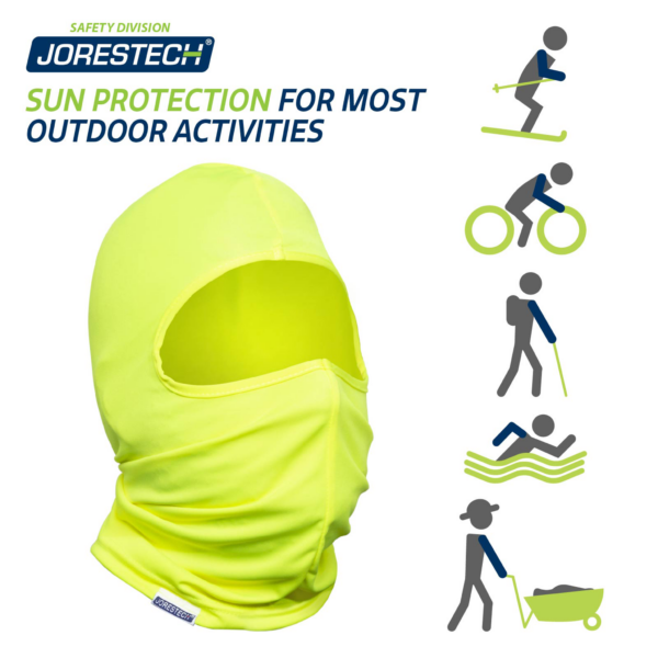 La imagen muestra una balaclava y varios iconos de actividades al aire libre como ciclismo, esquí, senderismo, natación y construcción bajo el sol. El banner dice: Protección solar para la mayoría de las actividades al aire libre. JORESTECH® Safety Division