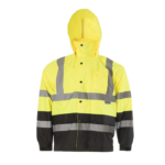 Vista frontal de una chaqueta de lluvia JORESTECH de alta visibilidad en amarillo y negro con franjas reflectantes de 2 pulgadas y capucha desmontable