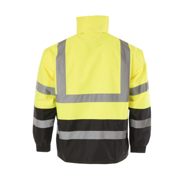 Vista trasera de una chaqueta impermeable JORESTECH de alta visibilidad amarilla y negra, clase 3 tipo R, con tiras reflectantes de 2 pulgadas