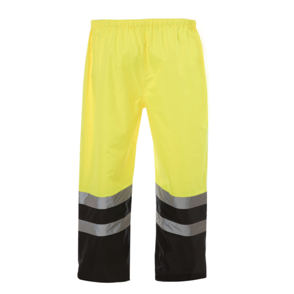 Vista trasera del pantalón impermeable JORESTECH negro y amarillo de alta visibilidad con bandas reflectantes