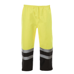 Vista frontal del pantalón impermeable JORESTECH de alta visibilidad en negro y amarillo con tiras reflectantes