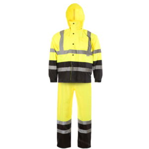 Imagen del conjunto impermeable JORESTECH® amarillo y negro de alta visibilidad con franjas reflectantes de 2 pulgadas sobre fondo blanco