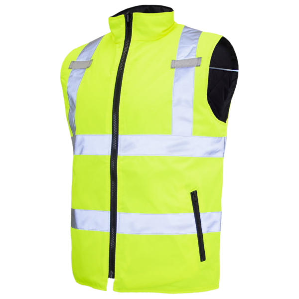 Frente del chaleco de seguridad aislado reflectante amarillo de alta visibilidad JORESTECH®. Muestra el lado amarillo brillante con las tiras reflectantes envolventes.