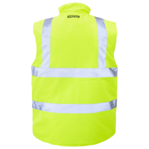 Presenta el lado amarillo del chaleco de seguridad reversible e aislado que cumple con la norma ANSI
