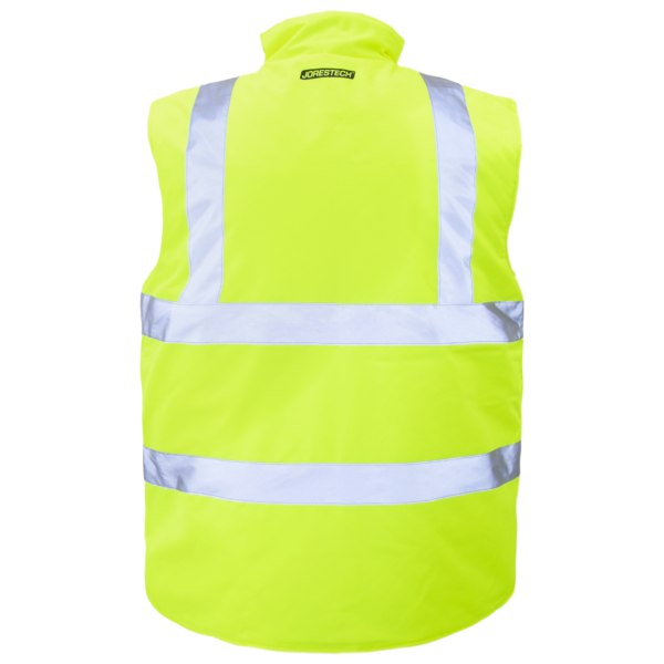 Presenta el lado amarillo del chaleco de seguridad reversible e aislado que cumple con la norma ANSI