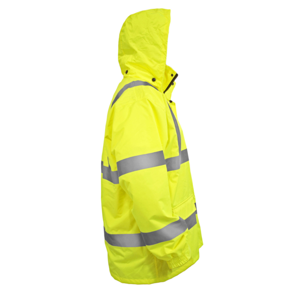 Chaqueta impermeable amarilla de alta visibilidad ANSI con capucha y franjas reflectantes de 2 pulgadas