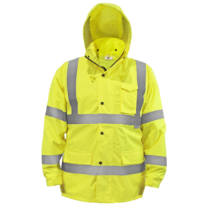 Vista frontal de una chaqueta impermeable JORESTECH totalmente de alta visibilidad en color amarillo con tiras reflectantes de 2 pulgadas