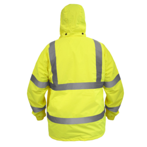 Chaqueta impermeable amarilla de alta visibilidad con tiras reflectantes de 2 pulgadas y capucha desmontable