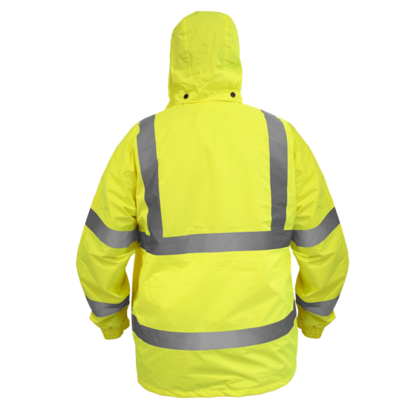Chaqueta impermeable amarilla de alta visibilidad con tiras reflectantes de 2 pulgadas y capucha desmontable