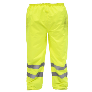 Frontal del pantalón de lluvia JORESTECH de alta visibilidad totalmente amarillo/lima con tiras reflectantes