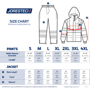 Tabla de tallas para conjunto impermeable de seguridad de alta visibilidad con tiras reflectantes