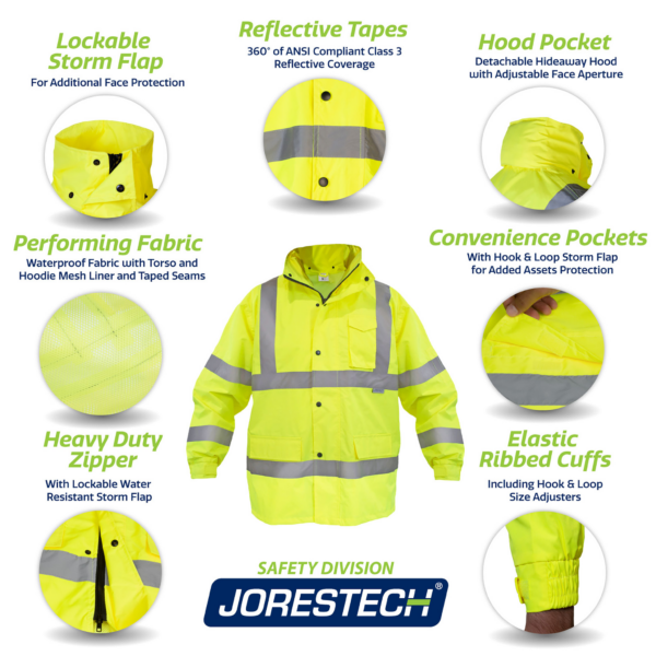 Chaqueta impermeable amarilla/lima con 7 elementos destacados. Los elementos destacados dicen: solapa cortaviento con cierre para protección facial. Cintas reflectantes con cumplimiento ANSI clase 3. Bolsillo para capucha desmontable y capucha oculta. Tejido de alto rendimiento, impermeable, forro de malla y costuras selladas. Múltiples bolsillos prácticos. Cremallera de alta resistencia con solapa cortaviento adicional. Puños elásticos acanalados con tira de gancho y bucle.