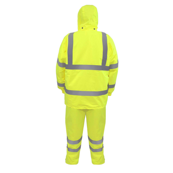 Parte trasera del conjunto impermeable amarillo de alta visibilidad JORESTECH con cintas reflectantes para aumentar la visibilidad