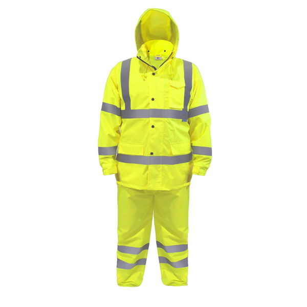 Conjunto impermeable amarillo JORESTECH® de alta visibilidad con franjas reflectantes de 2 pulgadas.
